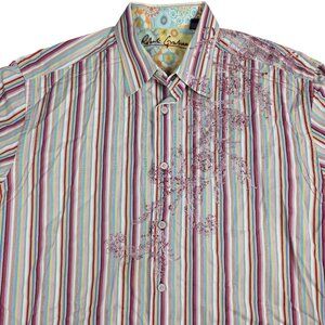Robert Graham Mens Striped Embroidered Long Sleeve Button-Up Shirt, XL